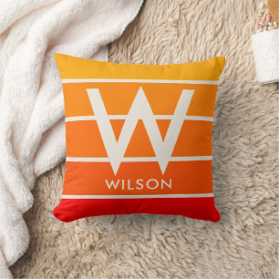 Wide Sunrise Red Orange Stripe Monogram Throw Pillow