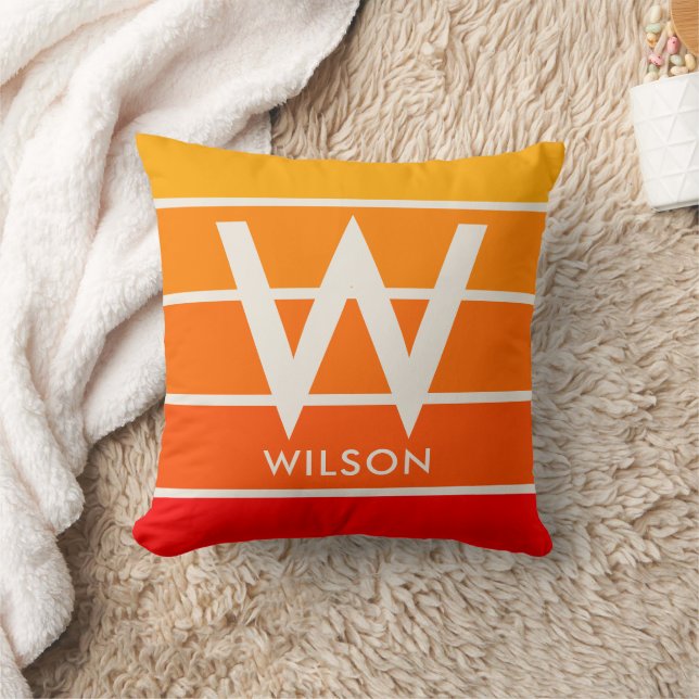 Wide Sunrise Red Orange Stripe Monogram  Throw Pillow (Blanket)
