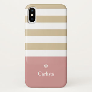 Wide Tan Horizontal Stripes Pink Name and Daisy Case-Mate iPhone Case
