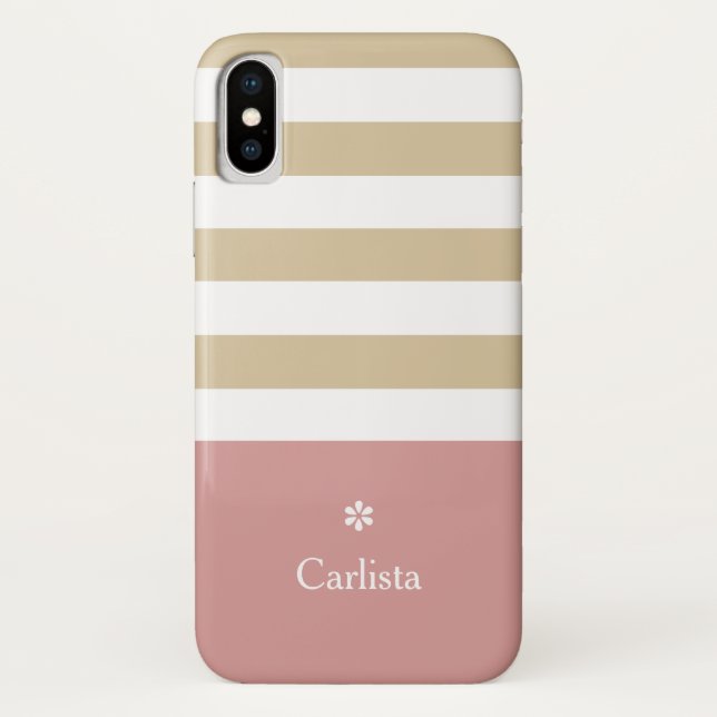 Wide Tan Horizontal Stripes Pink Name and Daisy Case-Mate iPhone Case (Back)