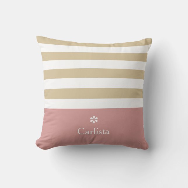 Wide Tan Horizontal Stripes Pink Name and Daisy Throw Pillow (Front)