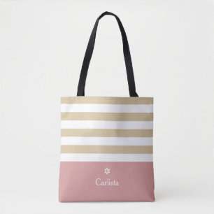 Wide Tan Horizontal Stripes Pink Name and Daisy Tote Bag