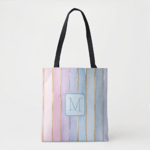 Wide Vertical Stripes Blues Color Block Monogram Tote Bag