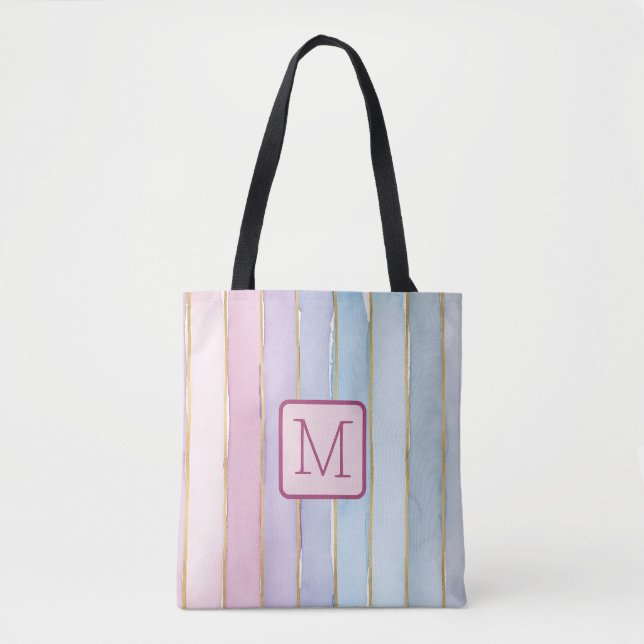 Wide Vertical Stripes Pinks Color Block Monogram Tote Bag (Front)