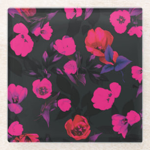 Wide vintage floral, stylized tulips pattern. glass coaster