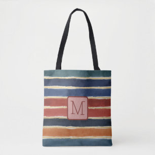 Wide Watercolor Stripes Color Block Monogram Tote Bag