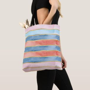 Wide Watercolor Stripes of  Blue Pink Coral Tote Bag