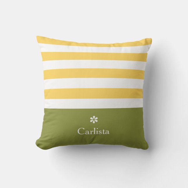 Wide Yellow Horizontal Stripes Green Name Daisy Throw Pillow (Front)