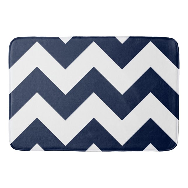 Wide Zigzag Pattern Dark Blue & White Bath Mat (Front)