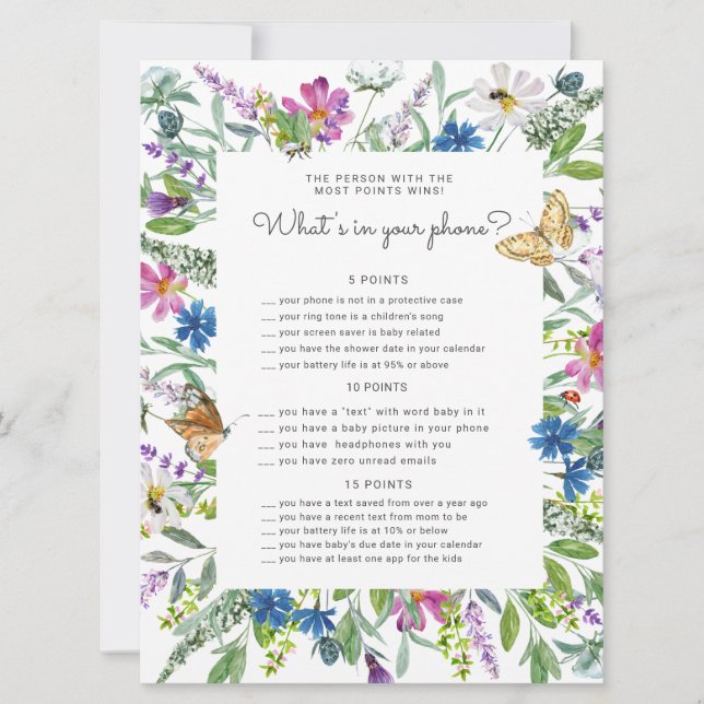 Widlfloral floral Baby Shower phone game card (Front)
