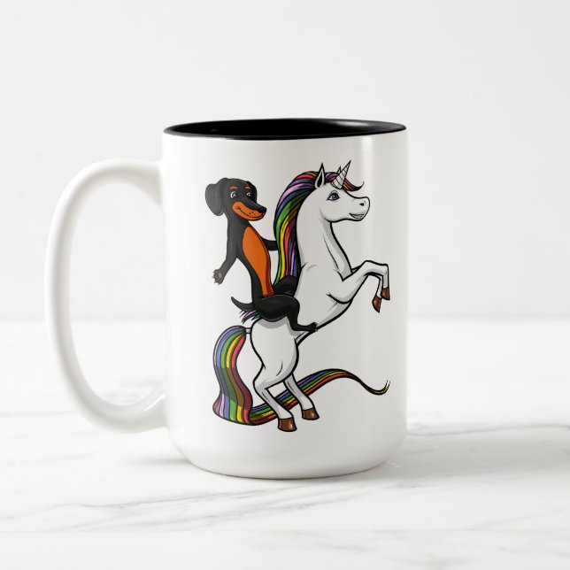 Wiener Dog Dachshund Riding Magical Unicorn Two-Tone Coffee Mug (Left)