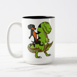 Wiener Dog Dachshund Riding T-Rex Dinosaur Two-Tone Coffee Mug