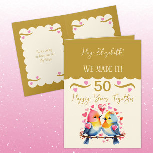 Wife 50th anniversary birds gold pink card