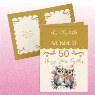 Wife 50th anniversary owls gold pink card
