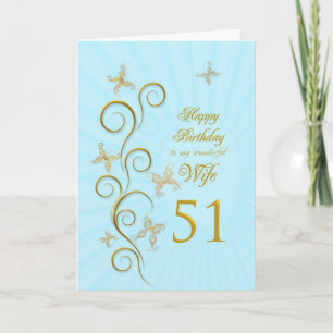 Wife 51st Birthday with golden butterflies Card
