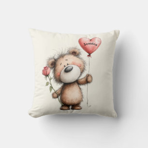 Wife Anniversary Custom Name Cute Bear with Ro Throw Pillow