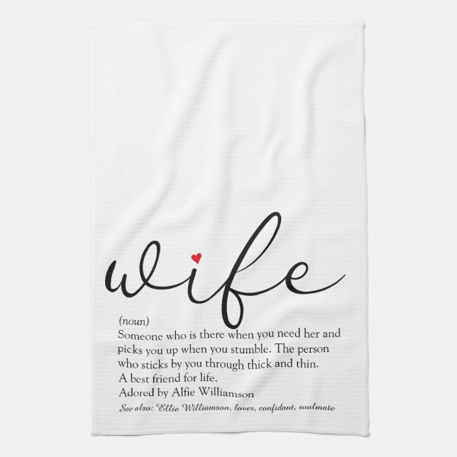 Wife Definition Red Heart Black and White Script Kitchen Towel (Vertical)