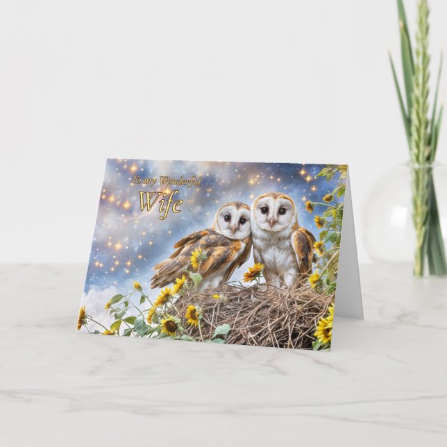Wife Happy Anniversary Cute Owls with Fantasy Sky Card (Front)