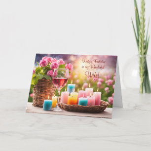Wife Happy Birthday with Roses Wine Holiday Card