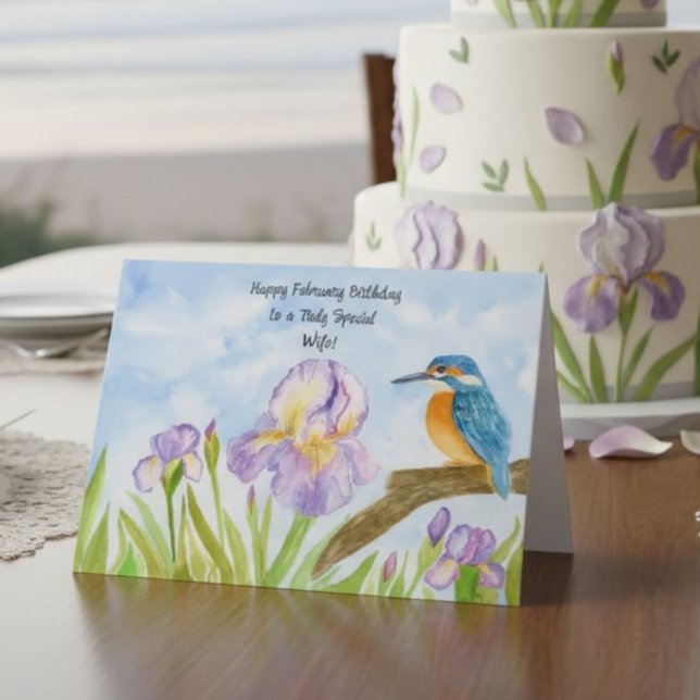Wife Happy February Birthday Kingfisher with Iris Card (Creator Uploaded)
