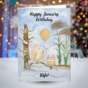 Wife Happy January Birthday Owl Cake Card