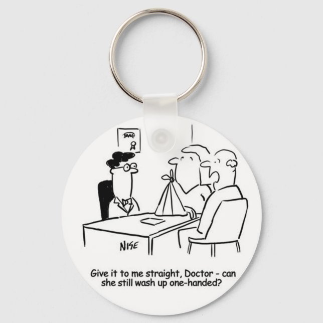 Wife has a Broken Arm in a Sling. Funny Cartoon Keychain (Front)