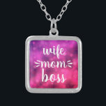 Wife Mom Boss Babe Bold Script Typography Hot Pink Silver Plated Necklace<br><div class="desc">“Wife. Mom. Boss.” You know she runs the household and keeps everyone in line. Gift her this colourful, sassy charm necklace so she can wear it with pride. With bold, white handwriting script on a purple pink bokeh background, this fun necklace will make a strong statement wherever she goes. This...</div>