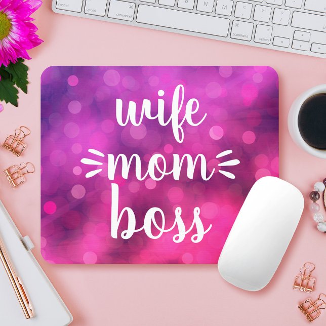 Wife Mom Boss Babe Fun Script Typography Hot Pink Mouse Pad (Creator Uploaded)