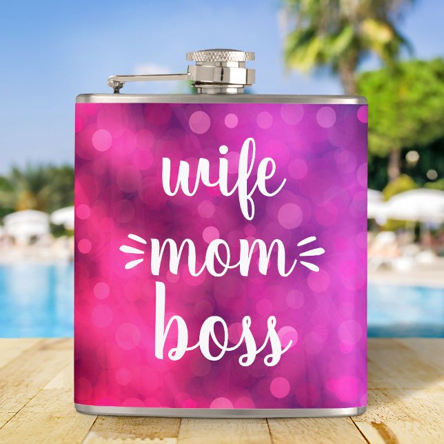 Wife Mom Boss Babe Script Typography Bold Hot Pink Hip Flask (Creator Uploaded)