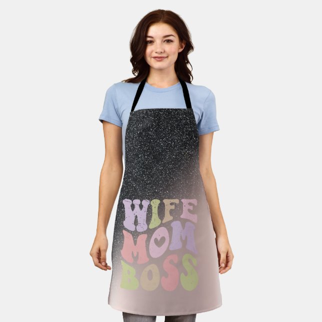 Wife Mom Boss Black Glitter Ombre Rose Gold  Apron (Worn)
