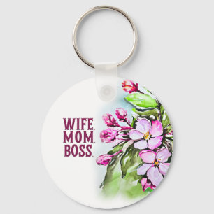 Wife Mom Boss, Pink Flowers Keychain