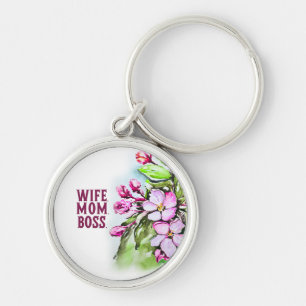 Wife Mom Boss, Pink Flowers Keychain