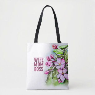 Wife Mom Boss, Pink Flowers Tote Bag