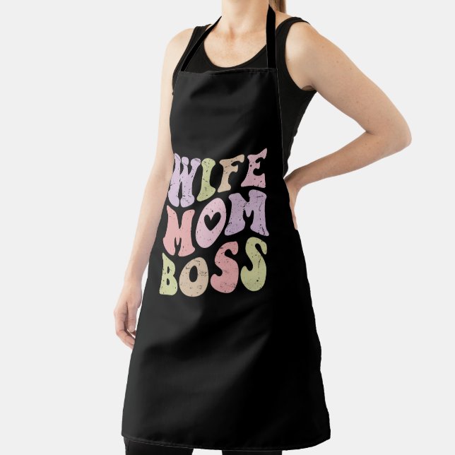 Wife Mom Boss Retro Groovy Mother's day Black Apron (Insitu)