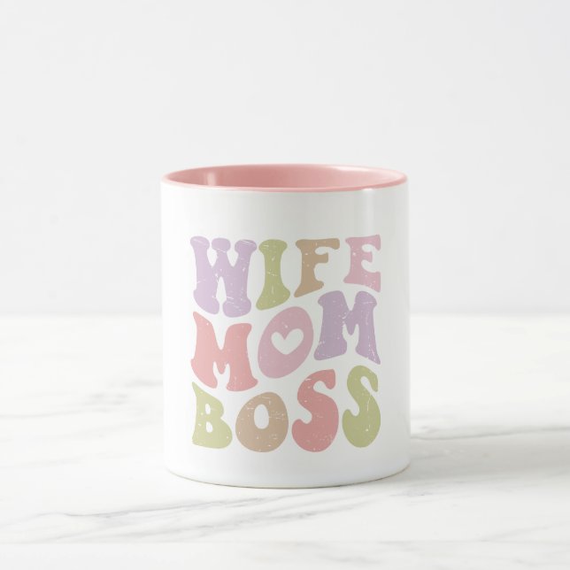 Wife Mom Boss Retro Script Groovy Mother's day  Mug (Center)