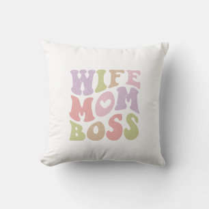 Wife Mom Boss Retro Script Groovy Mother's day  Throw Pillow