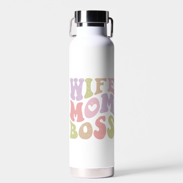 Wife Mom Boss Retro Script Groovy Mother's day  Water Bottle (Front)