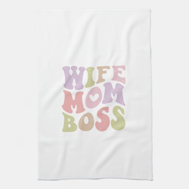 Wife Mom Boss Retro Script Mother's day  Kitchen Towel (Vertical)