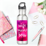 Wife Mom Boss Trendy Script Typography Hot Pink 710 Ml Water Bottle<br><div class="desc">“Wife. Mom. Boss.” You know she runs the household and keeps everyone in line. Give her the down time she deserves whenever she uses this colourful, sassy, inspirational water bottle. With bold, white handwriting script on a purple pink bokeh background, this unique stainless steel bottle will help jump start her...</div>