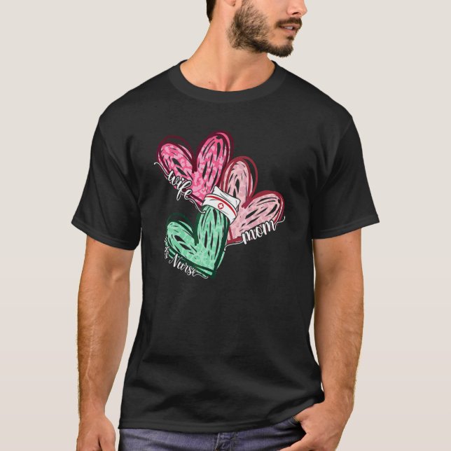 Wife Mom Peds Nurse Nursing Leopard Hearts  Mother T-Shirt (Front)