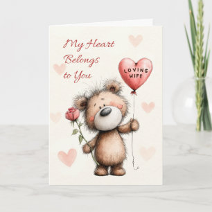 Wife Valentine’s Day Cute Bear with Rose and Heart Card