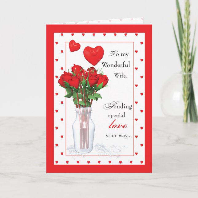 Wife Valentine's Day Red Roses Hearts Holiday Card (Front)