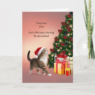 Wife with Cat in a Christmas Hat and Christmas  Holiday Card