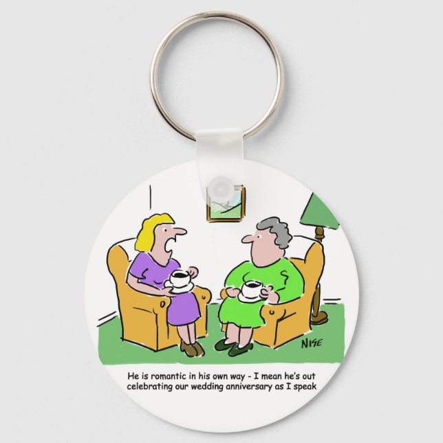 Wife with Friend Discussing Husband. Funny Cartoon Keychain (Front)