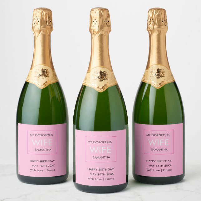 Wife's Birthday, Typography Black, White and Pink Sparkling Wine Label (Bottles)