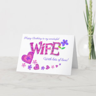 Wife's Birthday Word Art with Romantic Hearts Card