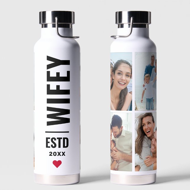 Wifey 4 Photo Collage Valentine's Day Gift Water Bottle (Creator Uploaded)