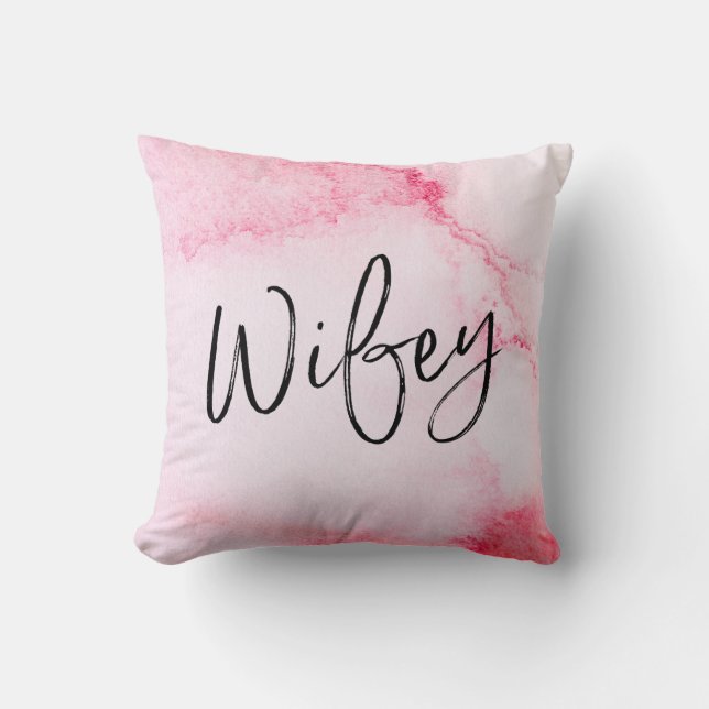 Wifey hand-lettered pink watercolour pillow (Front)