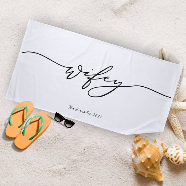 Wifey Minimalist Calligraphy Beach Towel (Wifey Minimalist Newlywed Beach Towel)