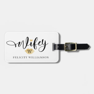 Wifey   Mrs Black & Gold Script Newlyweds Monogram Luggage Tag